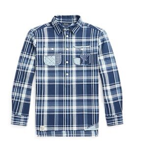 Ralph Lauren Blue Denim Plaid Patch Pullover Shirt, 7 - NWT